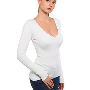 AmélieBoutik Women Scallop Trim V Neck Long Sleeve Ribbed Pullover Sweater (Ivory White Medium)