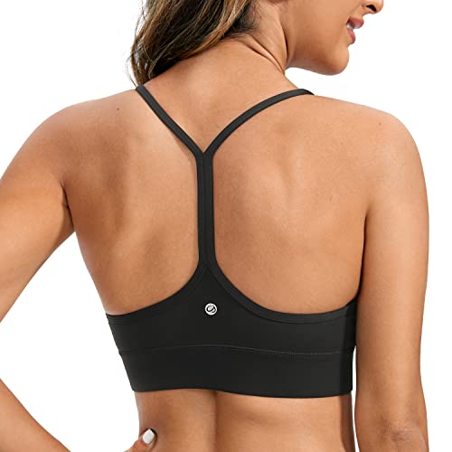 CRZ YOGA Butterluxe Womens Y-Back Racerback Sports Bra - Spaghetti Straps Wireless Scoop Neck Athletic Padded Yoga Bra Black Medium