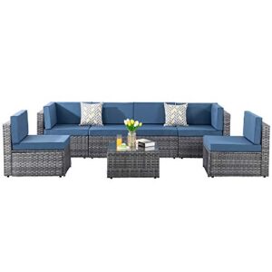 shintenchi 7 pieces outdoor patio sectional sofa couch, silver wicker furniture conversation sets with washable cushions & glass coffee table for garden, poolside, backyard (aegean blue)