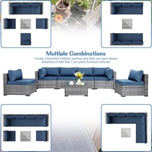 Shintenchi 7 Pieces Outdoor Patio Sectional Sofa Couch, Silver Wicker Furniture Conversation Sets with Washable Cushions & Glass Coffee Table for Garden, Poolside, Backyard (Aegean Blue)
