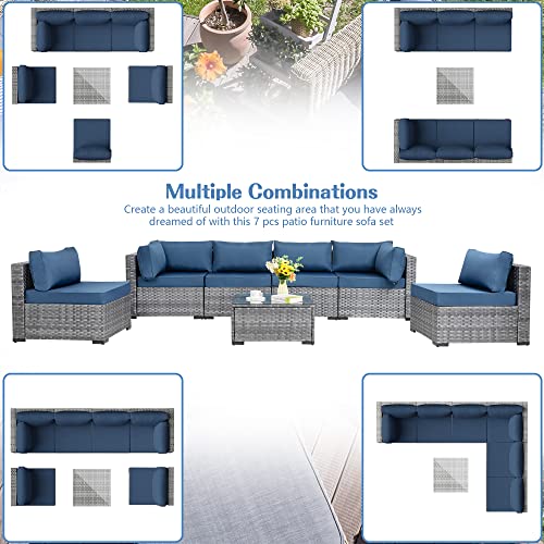 Shintenchi 7 Pieces Outdoor Patio Sectional Sofa Couch, Silver Wicker Furniture Conversation Sets with Washable Cushions & Glass Coffee Table for Garden, Poolside, Backyard (Aegean Blue)