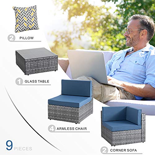 Shintenchi 7 Pieces Outdoor Patio Sectional Sofa Couch, Silver Wicker Furniture Conversation Sets with Washable Cushions & Glass Coffee Table for Garden, Poolside, Backyard (Aegean Blue)