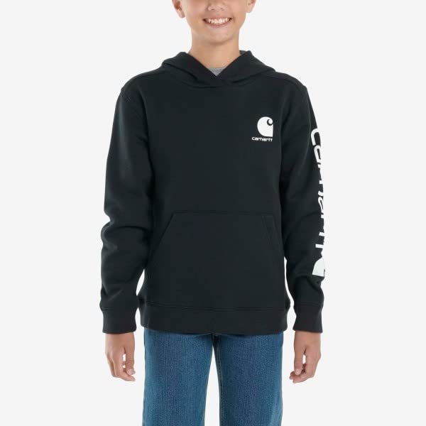 Carhartt Boys' Long Sleeve Hooded Sweatshirt, Caviar Black, Large (14/16)