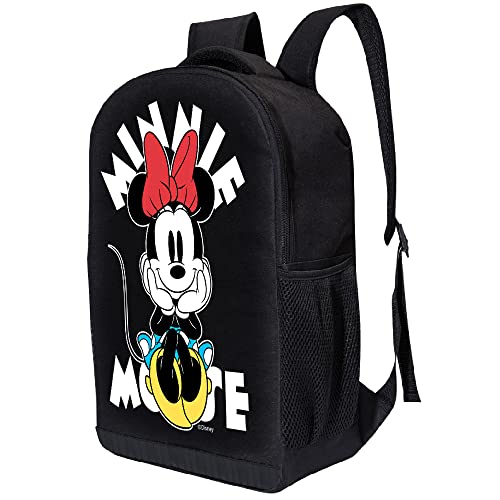 Disney Minnie Mouse Black Backpack for Women and Kids - 17 Inch Air Mesh Padded Womens Knapsack for School and Travel (Black-Yellow)