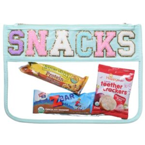 clear pouch with patches, varsity letter patches, personalized gift, clear bag, makeup bag, snack bag pouch for travel (snacks (blue))