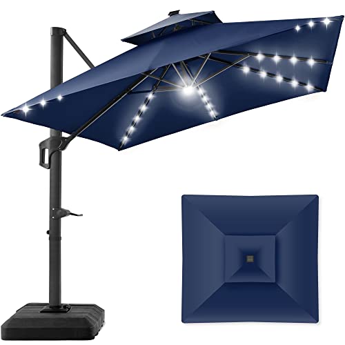 Best Choice Products 10x10ft 2-Tier Square Cantilever Patio Umbrella with Solar LED Lights, Offset Hanging Outdoor Sun Shade for Backyard w/Included Fillable Base, 360 Rotation - Navy Blue