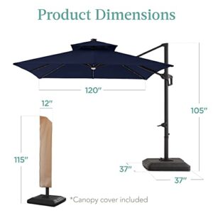 Best Choice Products 10x10ft 2-Tier Square Cantilever Patio Umbrella with Solar LED Lights, Offset Hanging Outdoor Sun Shade for Backyard w/Included Fillable Base, 360 Rotation - Navy Blue