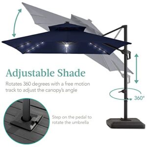 Best Choice Products 10x10ft 2-Tier Square Cantilever Patio Umbrella with Solar LED Lights, Offset Hanging Outdoor Sun Shade for Backyard w/Included Fillable Base, 360 Rotation - Navy Blue