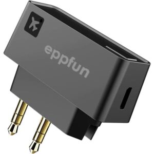 eppfun ak3046e wireless transmitter for use on airplanes, low latency bluetooth 5.0 audio 3.5mm jack adapter for connecting wireless headphones/earbuds