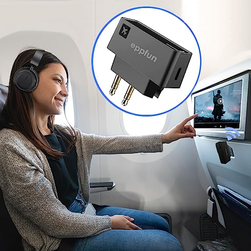 eppfun AK3046E Wireless Transmitter for use on Airplanes, Low Latency Bluetooth 5.0 Audio 3.5mm Jack Adapter for Connecting Wireless Headphones/Earbuds