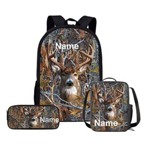 uourmeti custom name deer camo boys backpack and lunchbox pencil case set 3 in 1 personalized kindergarten elementary middle school bookbags and lunch box set for teens kids book bags girls scoolbag