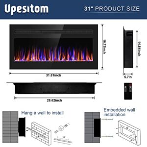 Upesitom Electric Fireplace Insert 31" Fireplace Heater Recessed & Wall Mounted, 750/1500W Linear Fireplace LED Fireplace Insert with Adjustable Flame Colors, Bracket, Timer, Remote Control