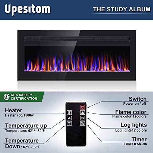 Upesitom Electric Fireplace Insert 31" Fireplace Heater Recessed & Wall Mounted, 750/1500W Linear Fireplace LED Fireplace Insert with Adjustable Flame Colors, Bracket, Timer, Remote Control