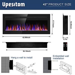 Upesitom Electric Fireplace 43" Upgrade Fireplace Heater Recessed & Wall Mounted, 750/1500W Linear Fireplace LED Electric Fireplace Insert with Adjustable Flame Colors, Timer, Remote Control