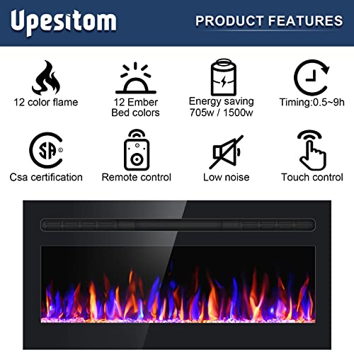 Upesitom Electric Fireplace 43" Upgrade Fireplace Heater Recessed & Wall Mounted, 750/1500W Linear Fireplace LED Electric Fireplace Insert with Adjustable Flame Colors, Timer, Remote Control