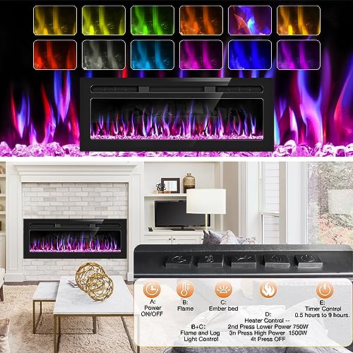 Upesitom Electric Fireplace 43" Upgrade Fireplace Heater Recessed & Wall Mounted, 750/1500W Linear Fireplace LED Electric Fireplace Insert with Adjustable Flame Colors, Timer, Remote Control