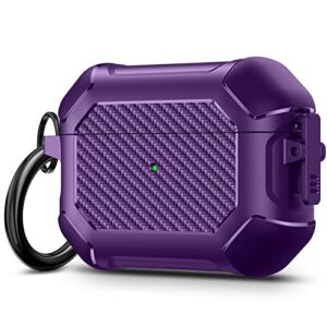 maxjoy compatible with airpods pro case, carbon fiber secure lock clip full body shockproof hard shell protective case cover with keychain for airpod pro (2019), purple