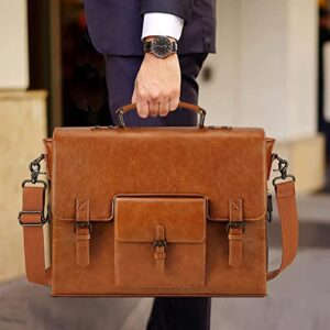 Leather Messenger Bag for Men 15.6 Inch Waterproof Vintage Leather Laptop Briefcase Large Satchel Shoulder Bag Office Travel College Computer Laptop Bag, Brown