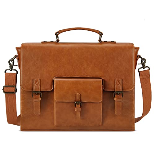 Leather Messenger Bag for Men 15.6 Inch Waterproof Vintage Leather Laptop Briefcase Large Satchel Shoulder Bag Office Travel College Computer Laptop Bag, Brown