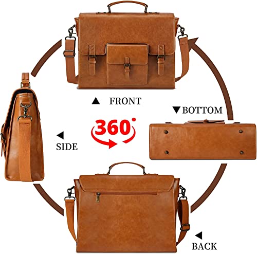 Leather Messenger Bag for Men 15.6 Inch Waterproof Vintage Leather Laptop Briefcase Large Satchel Shoulder Bag Office Travel College Computer Laptop Bag, Brown