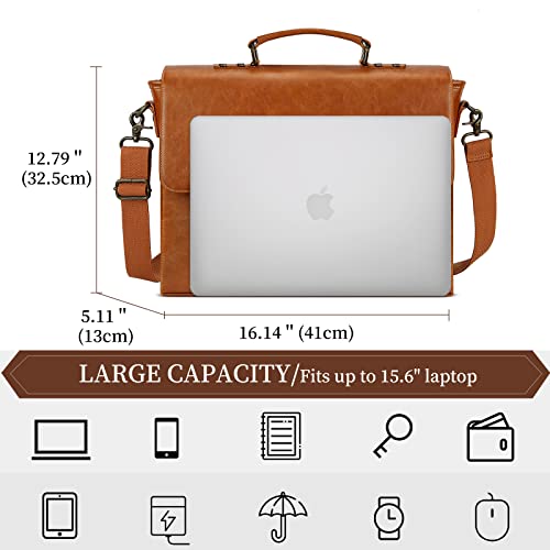 Leather Messenger Bag for Men 15.6 Inch Waterproof Vintage Leather Laptop Briefcase Large Satchel Shoulder Bag Office Travel College Computer Laptop Bag, Brown