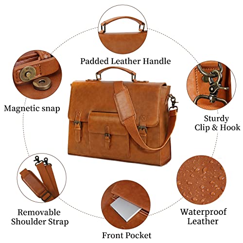 Leather Messenger Bag for Men 15.6 Inch Waterproof Vintage Leather Laptop Briefcase Large Satchel Shoulder Bag Office Travel College Computer Laptop Bag, Brown