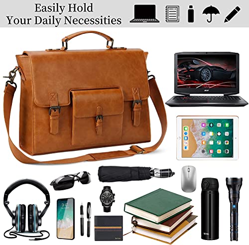 Leather Messenger Bag for Men 15.6 Inch Waterproof Vintage Leather Laptop Briefcase Large Satchel Shoulder Bag Office Travel College Computer Laptop Bag, Brown