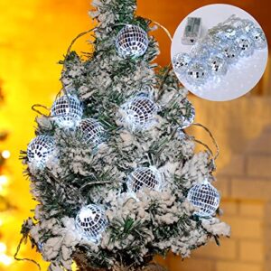 BBTO 10 LED Disco Ball String Lights Decorations Mirror Disco Ball Ornaments 70s Disco Party Supplies Mini Disco Balls Tree Ornament Light Battery Operated Disco Balls for Christmas (Silver White)