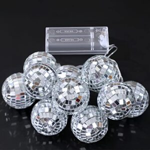 BBTO 10 LED Disco Ball String Lights Decorations Mirror Disco Ball Ornaments 70s Disco Party Supplies Mini Disco Balls Tree Ornament Light Battery Operated Disco Balls for Christmas (Silver White)