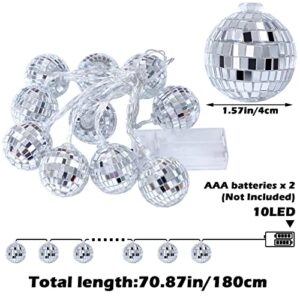 BBTO 10 LED Disco Ball String Lights Decorations Mirror Disco Ball Ornaments 70s Disco Party Supplies Mini Disco Balls Tree Ornament Light Battery Operated Disco Balls for Christmas (Silver White)