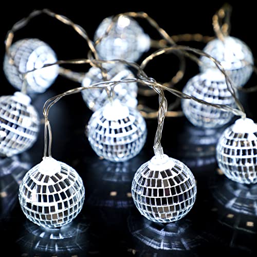 BBTO 10 LED Disco Ball String Lights Decorations Mirror Disco Ball Ornaments 70s Disco Party Supplies Mini Disco Balls Tree Ornament Light Battery Operated Disco Balls for Christmas (Silver White)