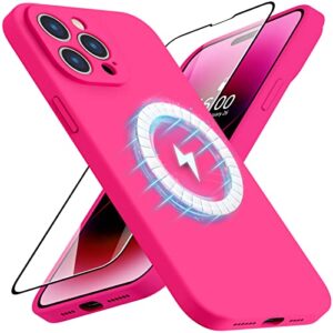 vooii compatible with magsafe iphone 14 pro magnetic case, [9h screen protector] [camera protective] [soft microfiber lining] liquid silicone shockproof case for iphone 14 pro - hot pink