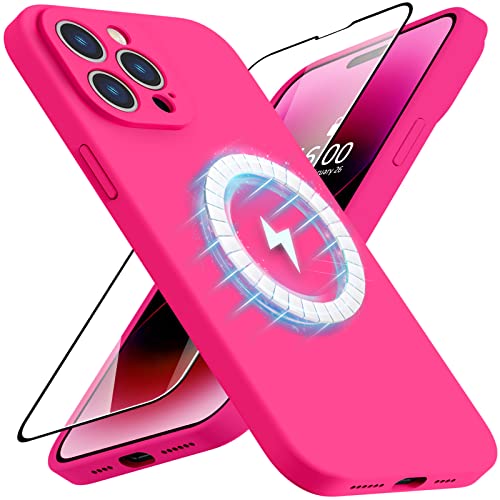 Vooii Compatible with MagSafe iPhone 14 Pro Magnetic Case, [9H Screen Protector] [Camera Protective] [Soft Microfiber Lining] Liquid Silicone Shockproof Case for iPhone 14 Pro - Hot Pink