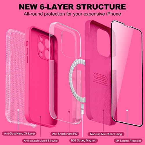 Vooii Compatible with MagSafe iPhone 14 Pro Magnetic Case, [9H Screen Protector] [Camera Protective] [Soft Microfiber Lining] Liquid Silicone Shockproof Case for iPhone 14 Pro - Hot Pink