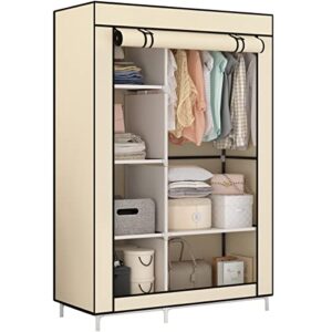 calmootey closet storage organizer,portable wardrobe with 6 shelves and clothes rod,non-woven fabric cover with 4 side pockets,beige