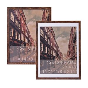 mont pleasant 12x16 picture frame 2 pack,farmhouse decor, distressed display pictures 11x14 or 8x10 diplomas with mat, wooden distressed photo frames for wall mounting family lover gift (brown)