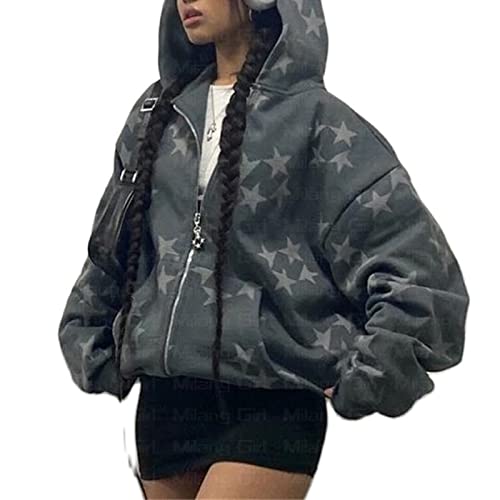 Ailainniyishi Women's Y2K Zip Up Hoodie Vintage Graphic Oversized Aesthetic Sweatshirt Long Sleeve E-Girl 90s Streetwear Jacket Dark Grey