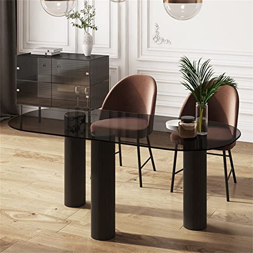 LAKIQ Contemporary Transparent Tempered Glass Dining Room Table Modern Minimalist Living Room Table with 3 Wood Roman Column Legs Small Apartment Kitchen Dining Table(Black, 51.2"L x 29.5"W x 29.5"H)