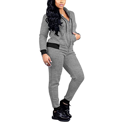 Two Piece Outfits For Women Lounge Wear Tracksuits Long Sleeve Jogging Suits Ziper Up Sweatsuits Hoodie Matching Sets Light Gray M