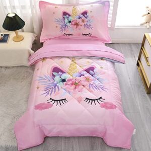 pink unicorn toddler bedding set for girls 4 piece flower toddler comforter set for kids bed-in-a-bag bedspreads quilt toddler bed sheet set with quilted comforter,flat sheet,fitted sheet,pillowcase
