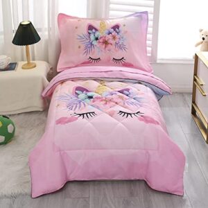 Pink Unicorn Toddler Bedding Set for Girls 4 Piece Flower Toddler Comforter Set for Kids Bed-in-a-Bag Bedspreads Quilt Toddler Bed Sheet Set with Quilted Comforter,Flat Sheet,Fitted Sheet,Pillowcase