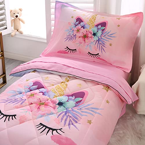 Pink Unicorn Toddler Bedding Set for Girls 4 Piece Flower Toddler Comforter Set for Kids Bed-in-a-Bag Bedspreads Quilt Toddler Bed Sheet Set with Quilted Comforter,Flat Sheet,Fitted Sheet,Pillowcase