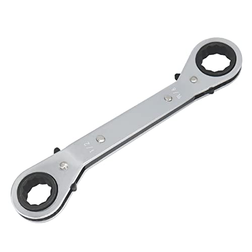 FOCMKEAS 1/2-9/16 Inch Reversible Universal Ratcheting Wrench,Imperial Double Offset Box End， Matte Chrome Plated Cr-V Steel， Heavy-Duty，72 Tooth Ratchet Spanner Crooked for Narrow Spaces