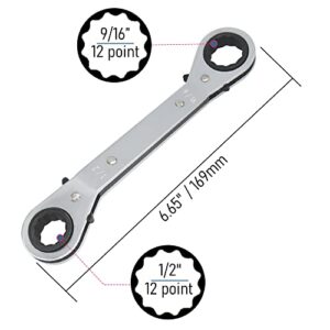 FOCMKEAS 1/2-9/16 Inch Reversible Universal Ratcheting Wrench,Imperial Double Offset Box End， Matte Chrome Plated Cr-V Steel， Heavy-Duty，72 Tooth Ratchet Spanner Crooked for Narrow Spaces