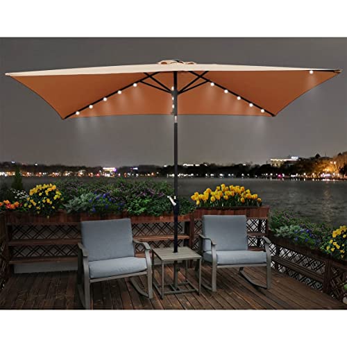 10 Ft. Steel Outdoor Market Patio Umbrella With Led Lights Brown Modern Contemporary Square Polyester Uv Resistant Water