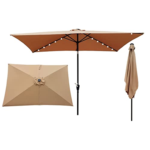 10 Ft. Steel Outdoor Market Patio Umbrella With Led Lights Brown Modern Contemporary Square Polyester Uv Resistant Water