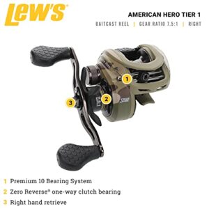 Lew's American Hero Tier 1 Casting Reel, 9+1 Stainless Steel Ball Bearings, 7.5:1 Gear Ratio, Right-Hand Retrieve, Multicam