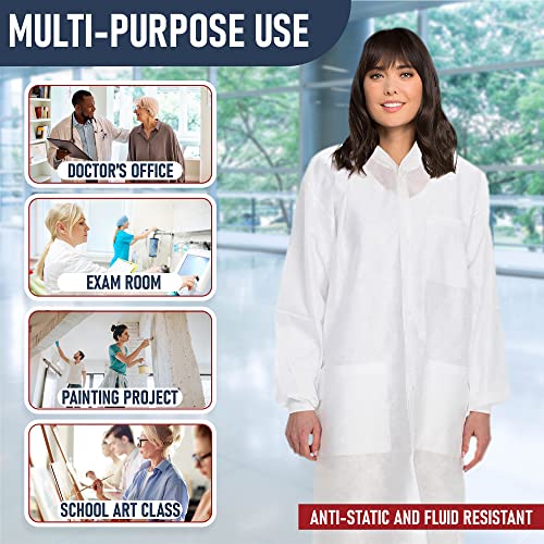 Medical Nation 10 Disposable Lab Coats - White Lab Coat for Women Men, Knee Length, Comfortable and Durable White Coat | Perfect For Use in Hospitals, Pharmacies, Labs, Clinics, at Home | Size Small