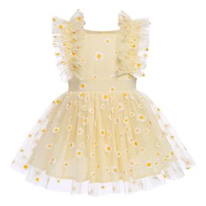 newborn infant baby girl ruffle tutu romper dress 1st 2nd birthday party cake smash outfit toddler summer flutter sleeveless floral princess tulle one-picece baptism pageant dress yellow daisy 6-12m