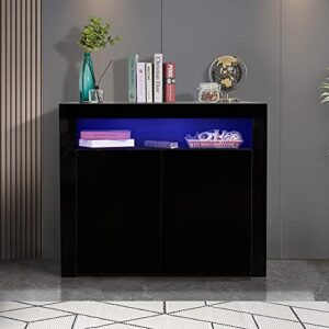 goujxcy led kitchen sideboard storage buffet cabinet high gloss for living room, modern wooden unit cupboard tv stand with 2 doors for hallway dining room (black6)